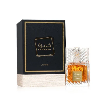 Découvrez Khamrah Lattafa Eau de Parfum au Maroc. Une fragrance unisexe orientale et gourmande aux notes de dattes, praliné, cannelle et vanille.