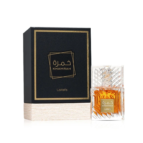 Découvrez Khamrah Lattafa Eau de Parfum au Maroc. Une fragrance unisexe orientale et gourmande aux notes de dattes, praliné, cannelle et vanille.